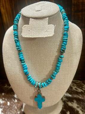 Paige Wallace Turquoise Beaded Necklace with Cross Pendant